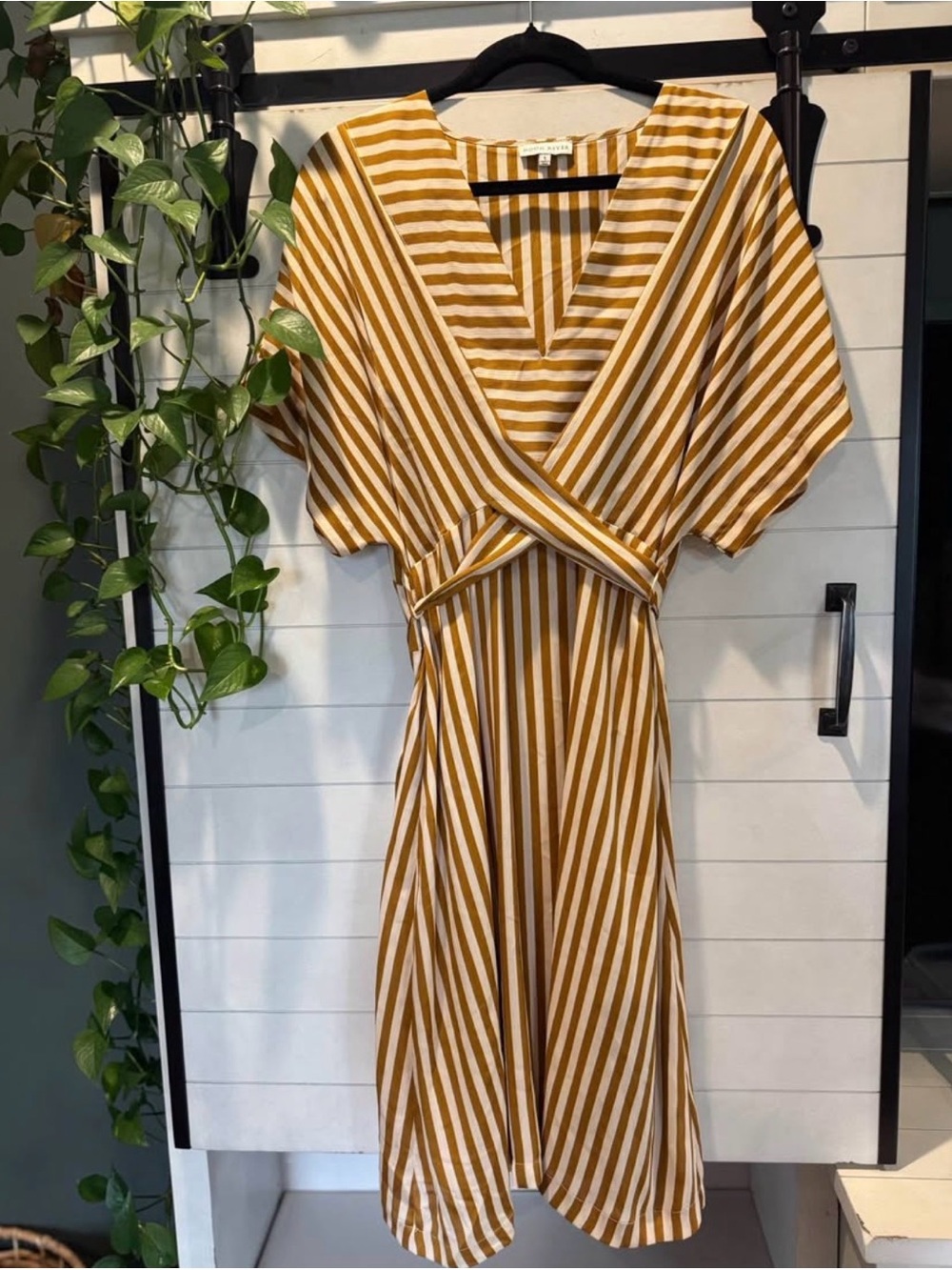 Moon River Mustard and White Striped Wrap Mini Dress